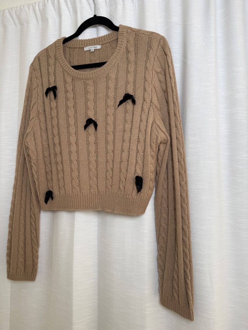 Love Tree Taupe Cable Knit Bow Detail Cropped Sweater | Size L - Picture 5 of 10